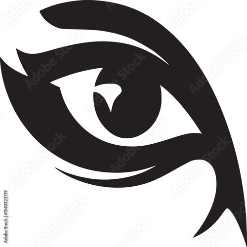 Stylized eye illustration in black and white with sharp lines on a light background design element