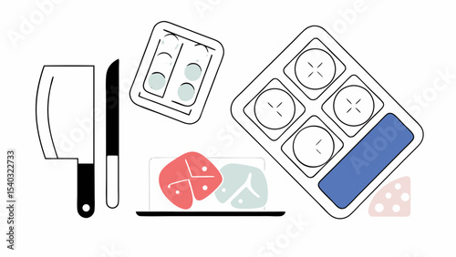 Flat lay of kitchen scale, meat, cleaver and pills