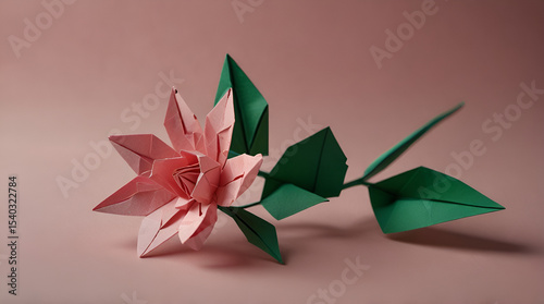 Delicate pink origami flower with a green stem and leaves, crafted from paper. The flower showcases the intricate art of Japanese paper folding. Isolated on transparent background,generative.ai