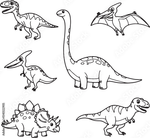 Adorable Dinosaur Illustrations Coloring Pages Featuring T-Rex, Brachiosaurus, Pterodactyl & More