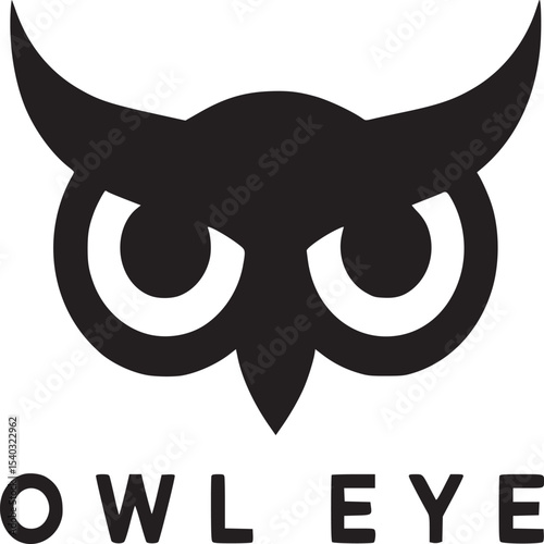 A minimalist owl logo design featuring a stylized black owl face with large eyes and text below it