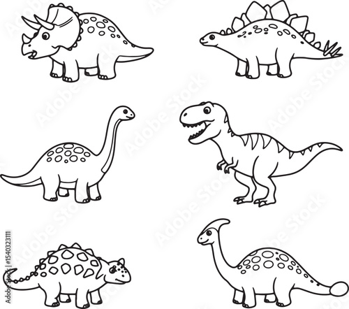 Adorable Dinosaur Illustrations Coloring Pages Featuring Triceratops, Stegosaurus, Brachiosaurus, Tyrannosaurus Rex, Ankylosaurus, and Apatosaurus