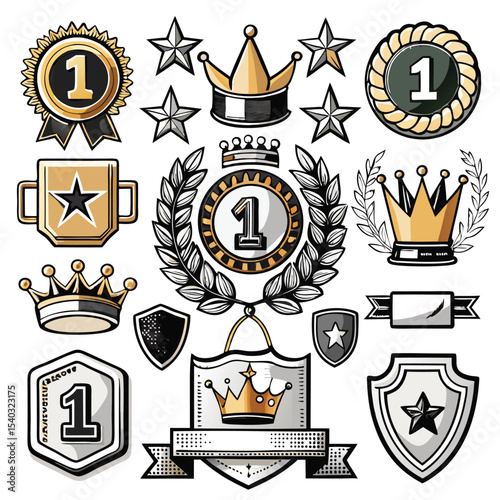 Collection of Black Gold White Vector Graphics First Place Awards Crowns Stars Shields Laurels Ribbons Badges