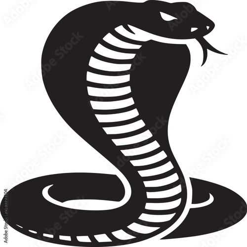 A black and white illustration of a cobra with its hood spread and tongue sticking out on white