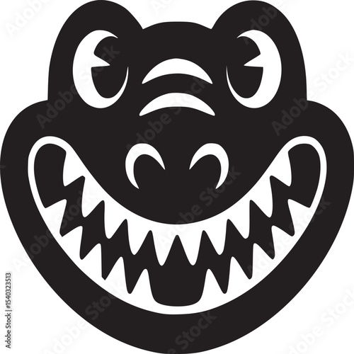 A stylized black and white illustration of a cartoon crocodile head with a big toothy smile