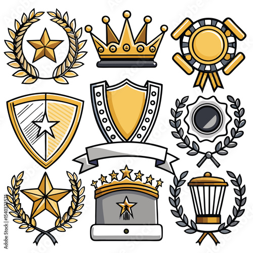 Collection of Gold and Gray Vector Award Icons Stars Crowns Shields Laurels Ribbons Badges awards