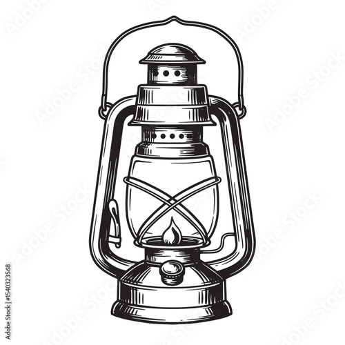Detailed black and white vintage art silhouette illustration of an antique kerosene lantern with a burning flame inside the glass casing
