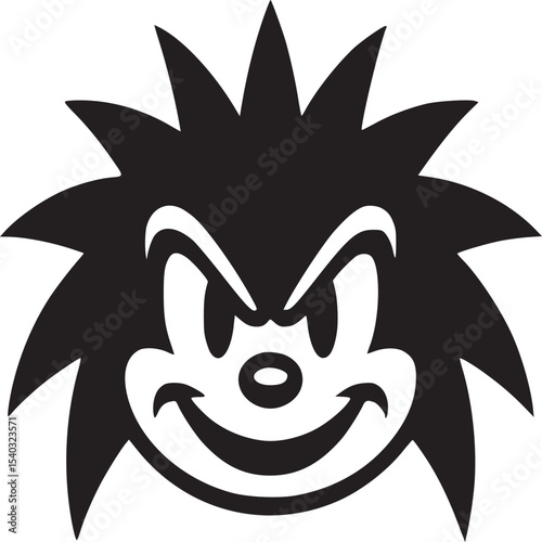 A black and white graphic image of a spiky cartoon character with a mischievous expression on its face