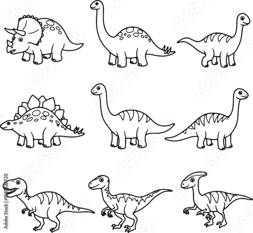 Adorable Dinosaur Illustrations Coloring Pages Featuring Triceratops, Brachiosaurus, Stegosaurus, and More!