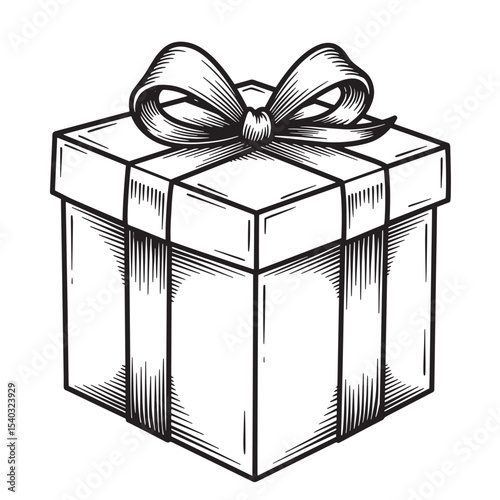 Elegant black and white engraved gift box with ribbon and bow vintage art silhouette
