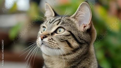 Wallpaper Mural A close-up view of a curious cat looking upwards, potentially waiting for food or attention. Torontodigital.ca
