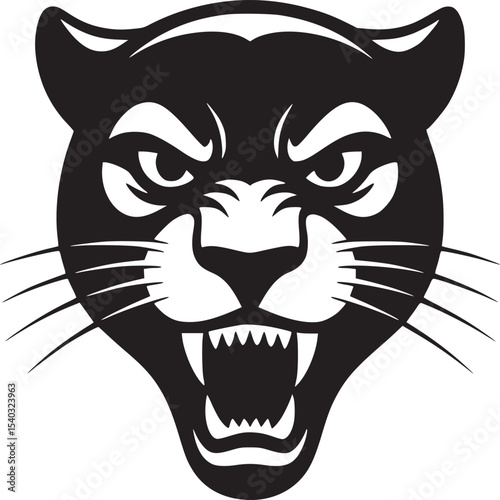 A black and white graphic design of a panther head with an angry expression and bared teeth showing
