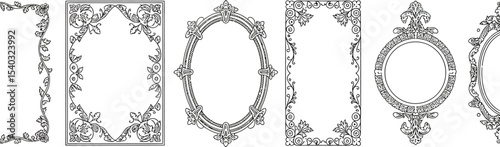 A collection of various ornate black and white frames with different shapes and intricate designs