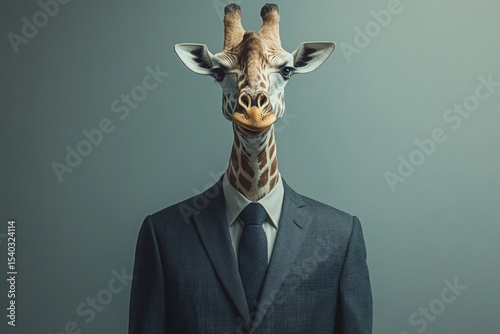 Photorealistic image of a giraffe wearing a business suit and tie, conveying professionalism and a neutral expression