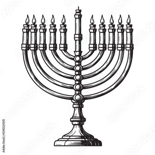 Elegant vintage art silhouette of a menorah with nine burning candles symbolizing jewish festival of lights