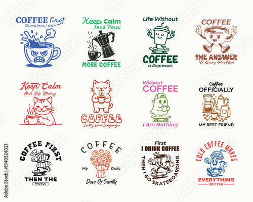 Funny coffee quote with cute characters. Coffee lover t shirt, poster, coffee print vector designs