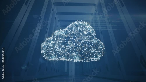 Light points materializing between racks linking into cloud forming padlock signaling data security