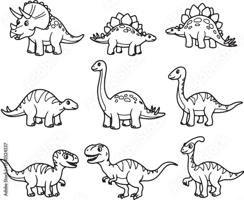 Adorable Dinosaur Illustrations Coloring Pages Featuring Triceratops, Stegosaurus, Brachiosaurus, and More!