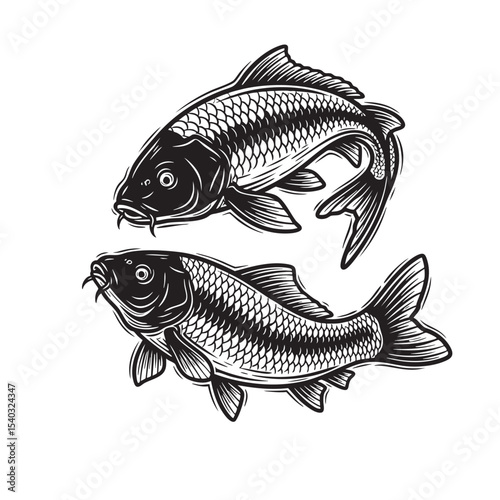 Two graceful carp fish drawn in monochrome vintage style, swimming side by side, ideal for tattoo, yin yang symbolism, or aquatic themes.