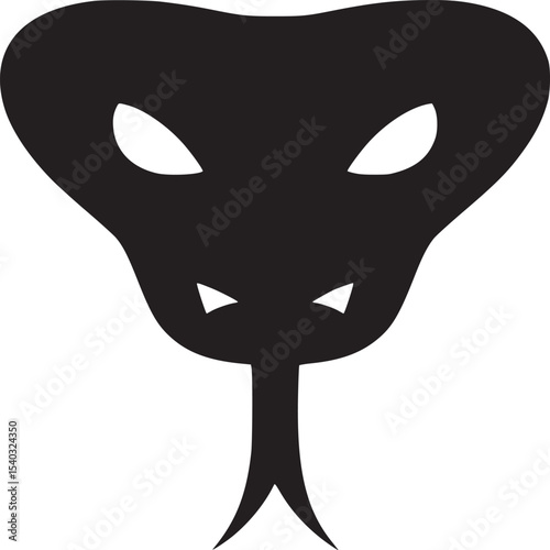 A black silhouette of a snake head with white eyes and tongue on a white background illustration