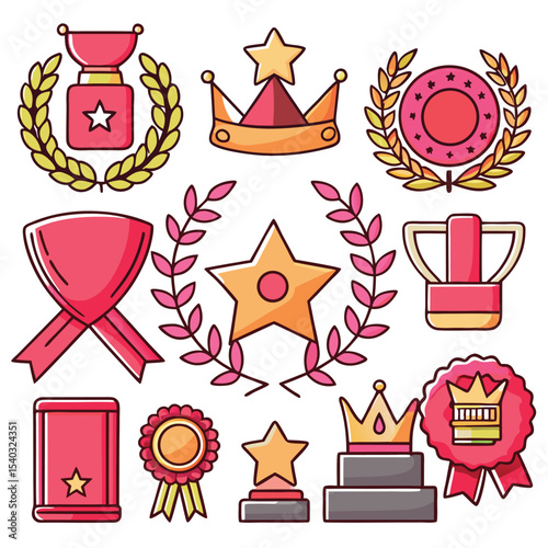 Diverse Set of Red Pink Gold Award Trophies Crowns Stars Ribbons Vector Graphics trophy
