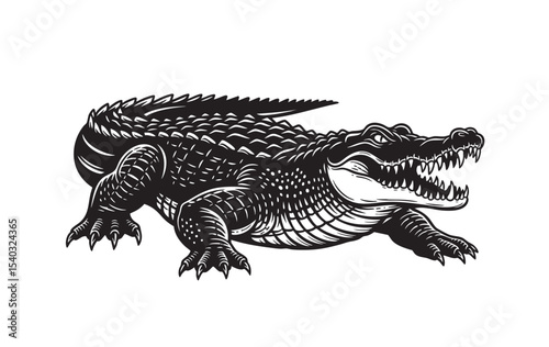 Detailed crocodile in fierce pose, black and white vector in woodcut style, showing strong texture, sharp teeth, and primitive power.