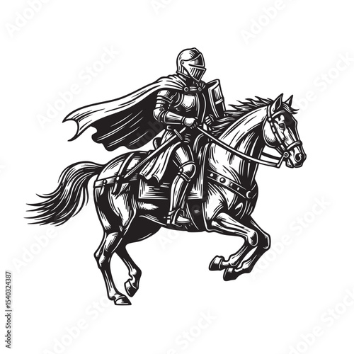 Gallant medieval knight in full armor riding horse, drawn in detailed engraving style, representing courage, chivalry, and classic battle spirit.