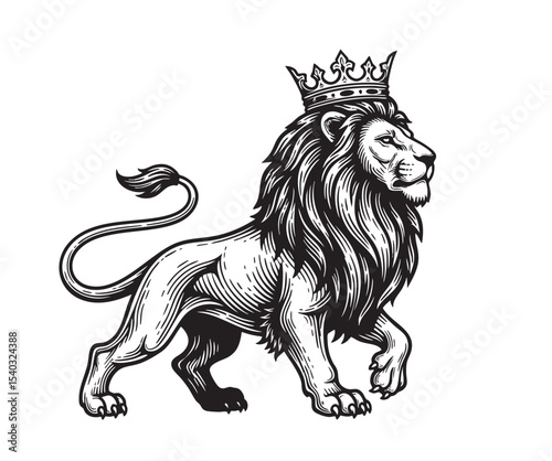 Regal lion wearing a crown walking confidently, majestic symbol of power, royalty, and leadership in classic black and white line art.