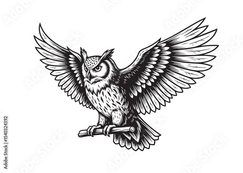 Powerful owl spreading its wings while perched on a branch, black and white engraving illustration symbolizing wisdom and vigilance.
