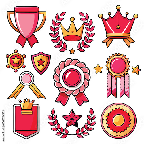 Collection of Red Pink Gold Award Icons Trophies Crowns Stars Badges Ribbons Vector Graphics awards trophy