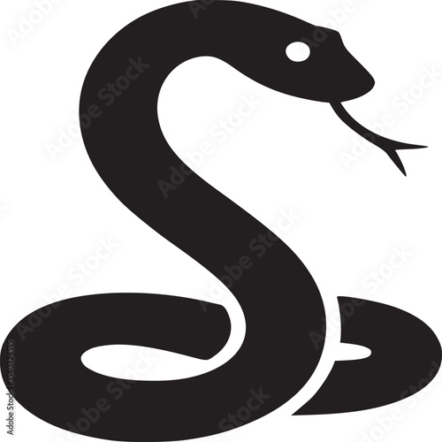 A simple black silhouette of a snake coiled with its head raised and tongue sticking out on white