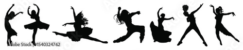 silhouettes dancing girls black white vector illustration