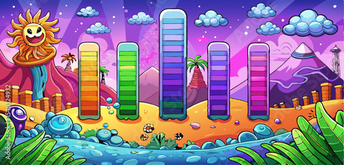 This is a fantastic landscape image with a smiling sun in a starry purple sky, five colorful stems on a sandy surface with green plants, and a background of mountains and unique clouds.