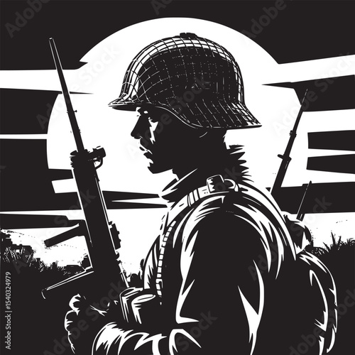 Silhouette of a soldier with rifle against a sunset backdrop in a stylized illustration art