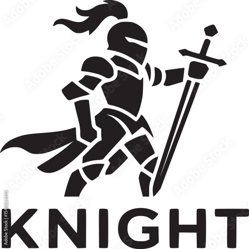 Silhouette of a knight holding a sword with the word knight written below it on a white background
