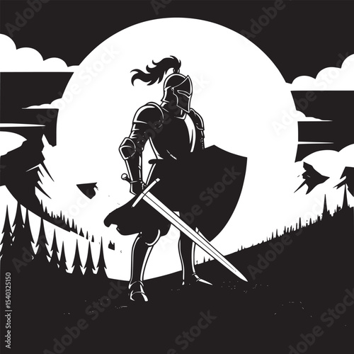 A knight standing on a rock with a sword and shield against a backdrop of mountains and a sunset sky
