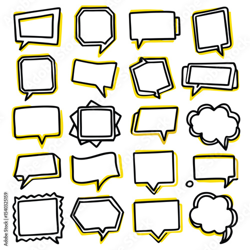 Twenty Four Hand Drawn Speech Bubbles Yellow Outline Black Fill White Background speech balloons dialogue boxes