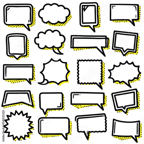 Twenty Four Hand Drawn Speech Bubbles Yellow Halftone Black Outline Blank Templates speech balloons dialogue boxes