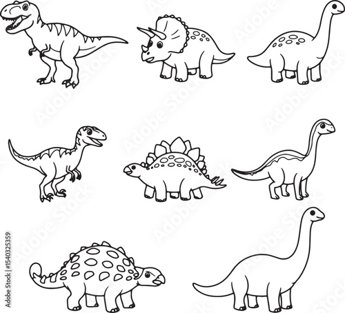 Adorable Dinosaur Illustrations Coloring Pages Featuring T-Rex, Triceratops, Stegosaurus, and More!