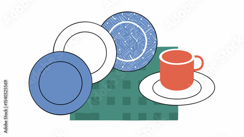 Stacked Plates and Coffee Cup on Table