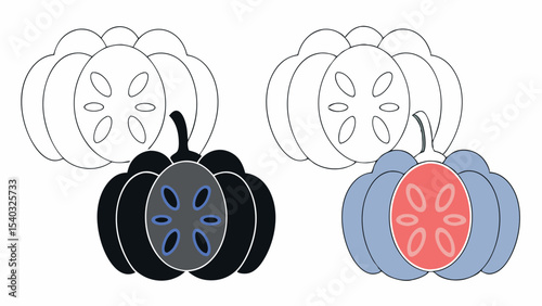 Pumpkin Coloring Page  Black, White, and Color Variations