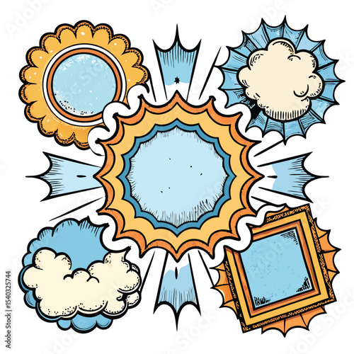 Colorful Comic Book Style Cloud Bursts and Frames Orange Yellow Blue Speech Bubbles vector