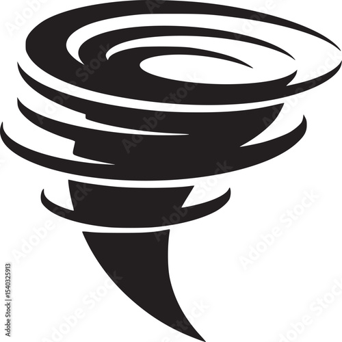 A black and white graphic depiction of a tornado with swirling lines on a plain white background