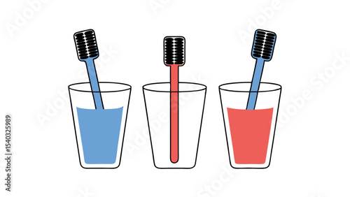 Three Toothbrushes in Glasses of Colored Liquid
