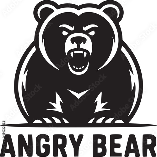 A stylized black and white illustration of an angry bear with its mouth open and sharp teeth showing