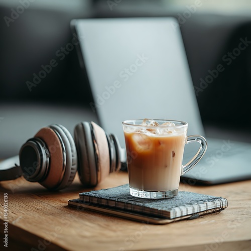 Remote work setup in minimalist office with headphones and iced coffee