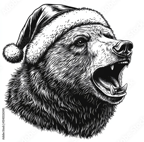 Festive bear wearing a Santa hat, roaring in excitement.