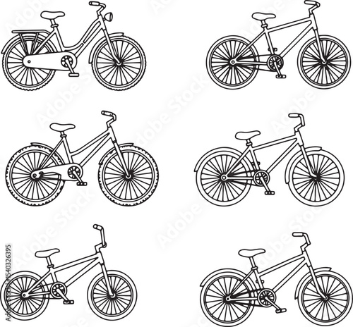 Collection of Six Classic Bicycle Line Drawings Perfect for Vintage Designs and Projects