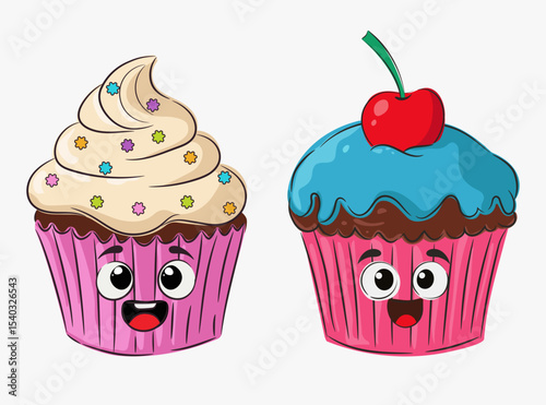 Cupcakes. Two cartoon funny cupcakes. Multicolored cupcakes with cream and cherry. Dessert. Baked goods