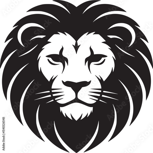 A striking lion head portrait in black and white with a majestic mane and intense gaze design